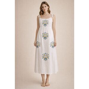 White Embroidered Floral Midi Dress Sz XL Boho Festival Open Back Gardencore